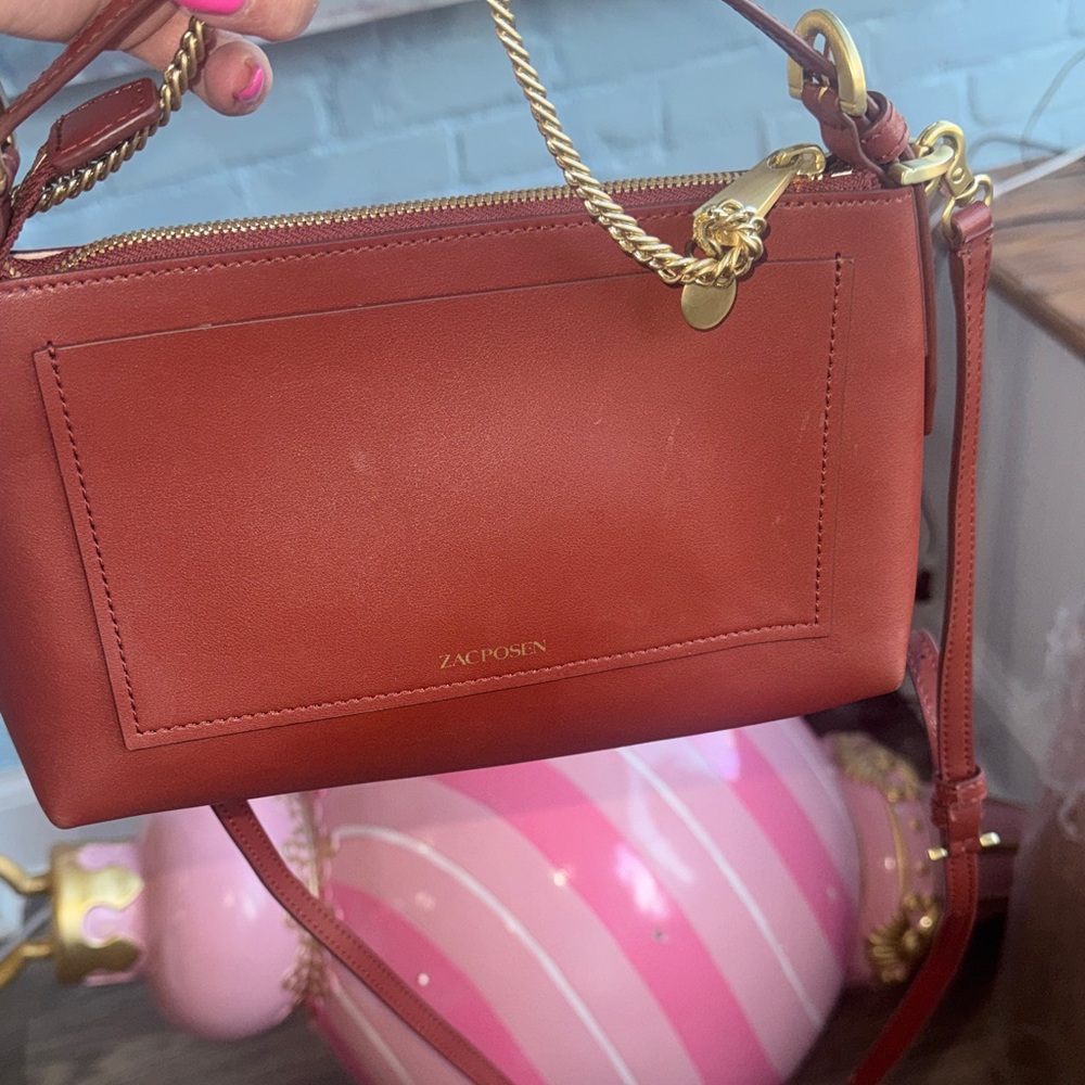 ZAC POSEN Leather Crossbody Bag Brown Gold Chain Strap Chic Small Purse - Picture 4 of 7